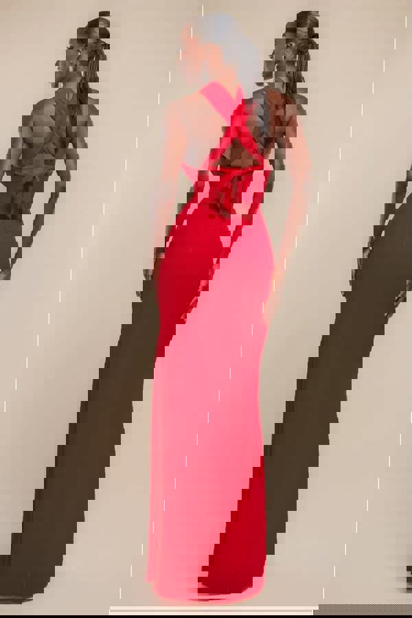 Halterneck Thigh Split Chiffon Maxi Dress - Red DR4610