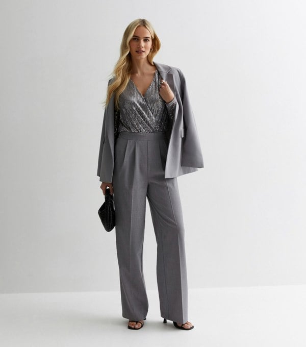 Gini London Gun Metal Sequin Wrap Long Sleeves Bodysuit