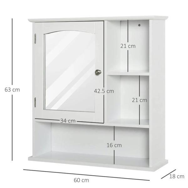 White wall cabinet with mirrored door, open compartments, and adjustable shelf spaces
