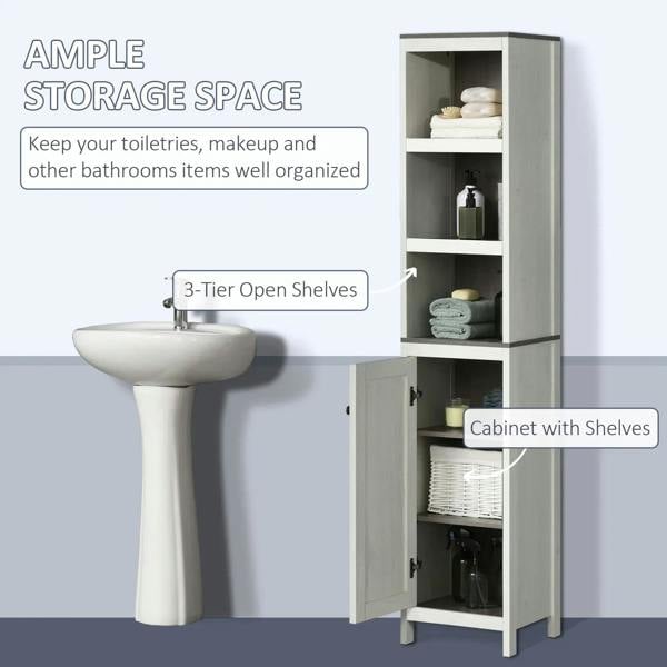 Antique white bathroom storage cabinet with 3 open shelves and lower cabinet with door