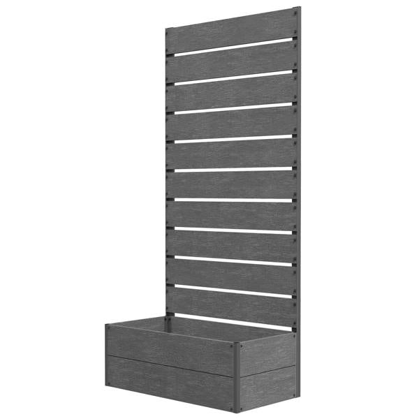 Dark grey garden planter box with back trellis, slatted design and raised front border