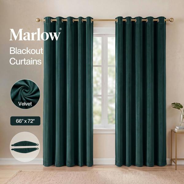 Marlow Thick Thermal Blackout Curtains Velvet 66x72 Inch Eyelet Ring Top Green
