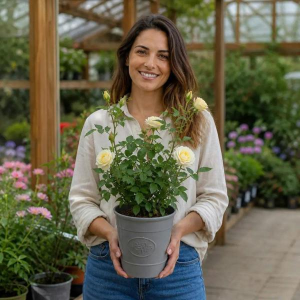 3L Silver Anniversary Cream Rose Bush - Beautiful Flowering Plant Gift - Premium Plastic Olive Grey