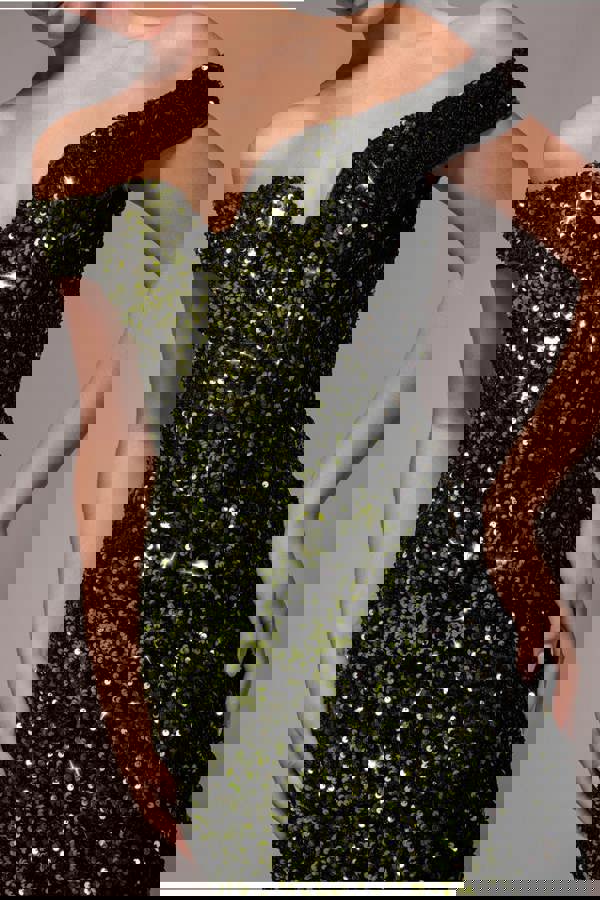 Sequin Velvet Bardot Evening Maxi Dress - Olive Green DR4525