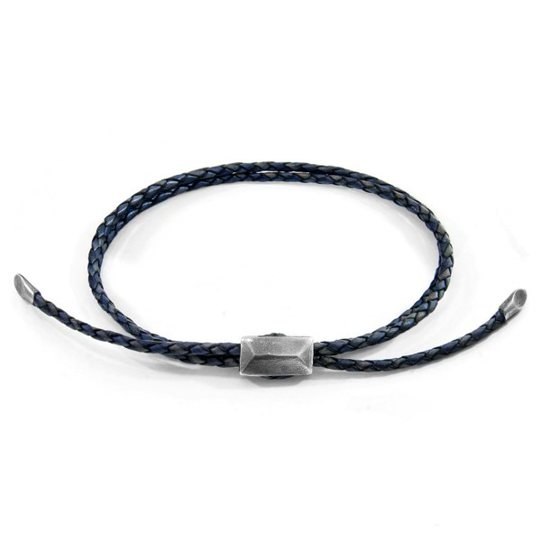 Anchor & Crew Indigo Blue Edward Silver and Braided Leather SKINNY Bracelet