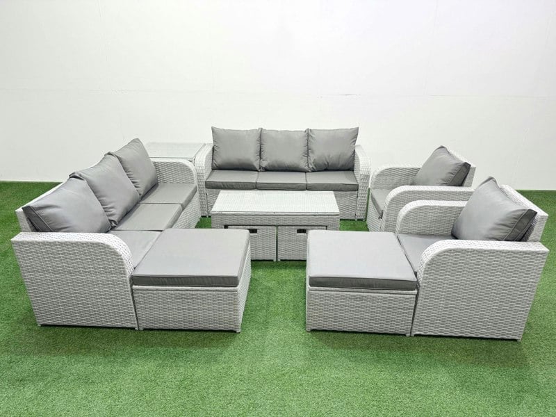 Fimous PE Wicker Rattan Furniture Sofa Sets with Oblong Coffee Table 3 Seater Sofa 4 Stools Side Table Light Grey