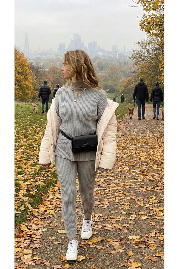 Mila Chunky Knitted High Roll Neck Top Bottom Co-ord Set - Light Grey