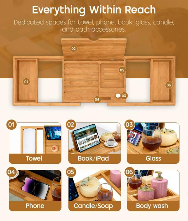 ADOV Extendable Bamboo Bath Tray, Adjustable Wooden Bathtub Caddy with Book, Tablet, Phone and Wine Glass Holder
