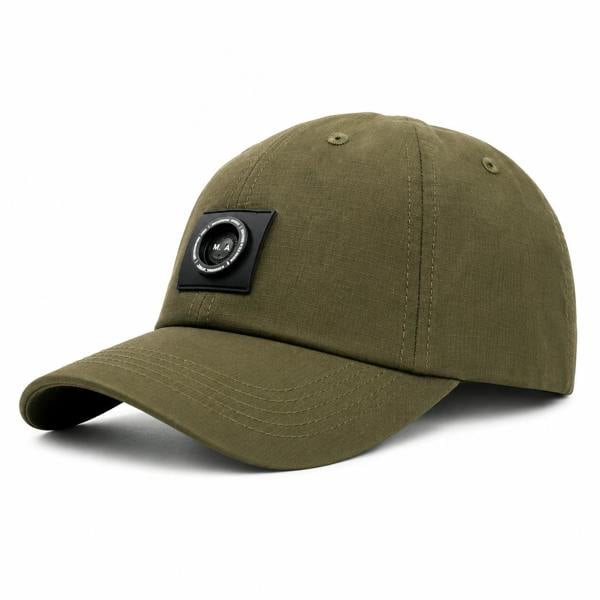 Khaki Marshall Artist Siren nylon ripstop baseball cap with a black circular logo patch on the front.