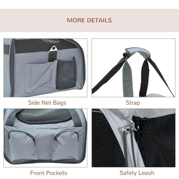 Grey pet carrier bag details: side net pocket, front pocket, and safety leash clip