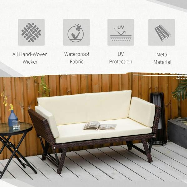 Brown rattan 2-seater sofa daybed with cream cushions and supportive armrests