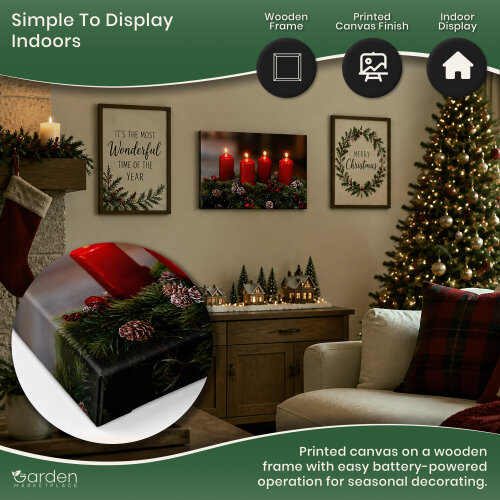 Festive 4 Red Candle LED Christmas Canvas Picture Print, Wooden Frame Wall Art with Switch, 40cm x 30cm, Battery Powered