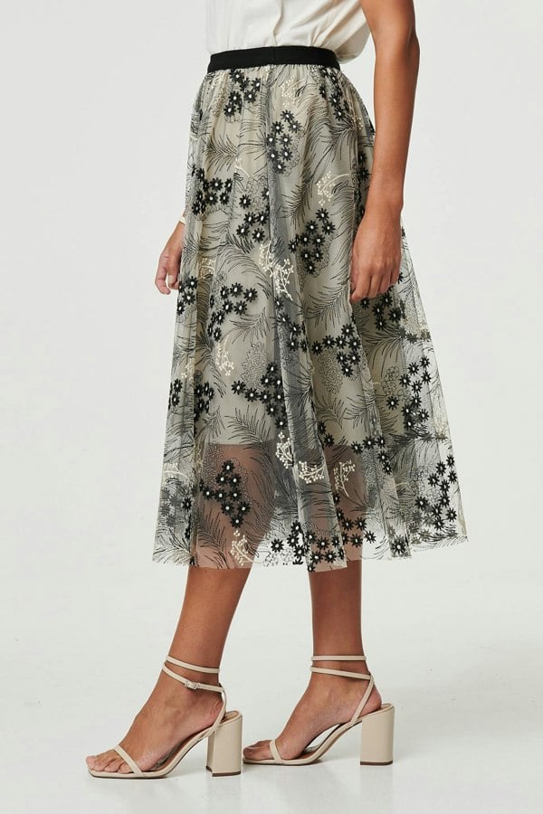 Beige | Printed A-Line Midi Skirt
