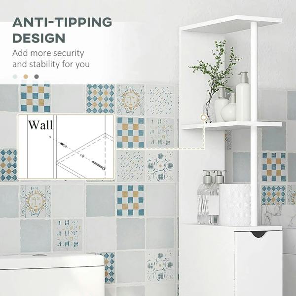 White tall narrow bathroom cabinet with open 2-tier shelves and three drawers for toiletries.