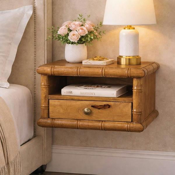 Artisan Furniture Solid Wood Bamboo Open Bedside in Amber Oak Finish, 1 Drawer & 1 Shelf, Brown
