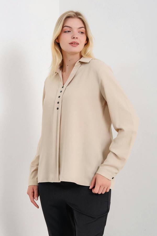 Hoxton Gal Oversized Long Sleeves Blouse Shirt with Button Details in Beige