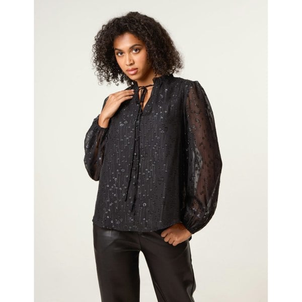 Blue Vanilla Jacquard Button And Tie Front Blouse