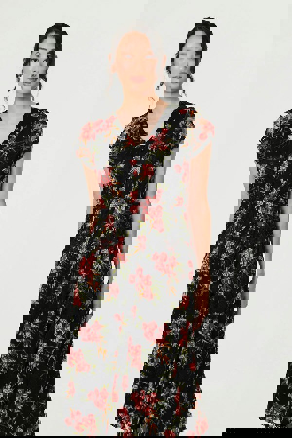 Black | Floral Cap Sleeve Shirred Midi Dress
