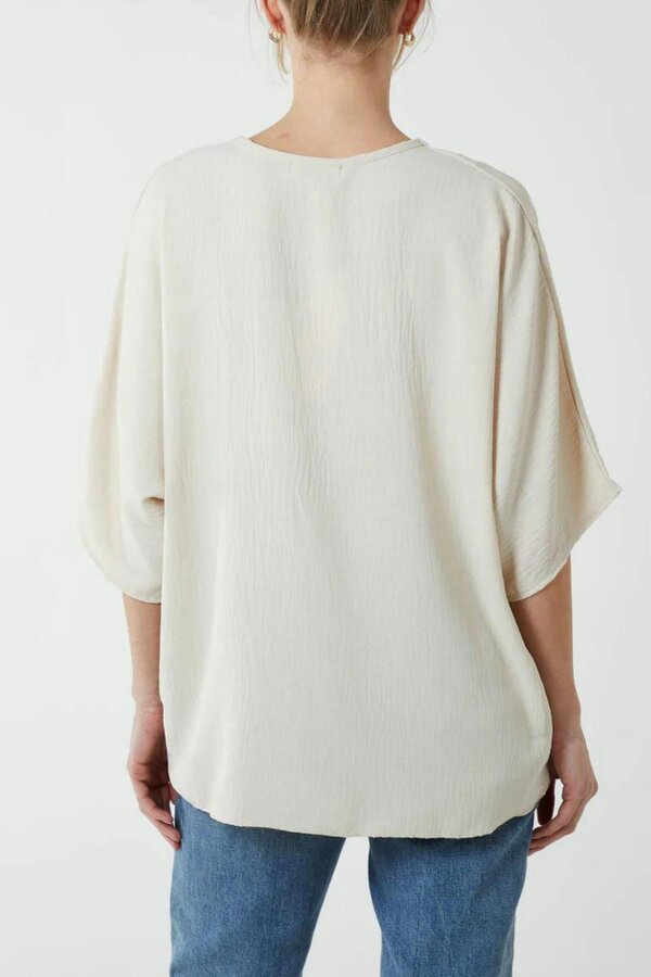 Hoxton Gal Oversized V Neck Tie Detailed Top with 3/4 Sleeves in Beige