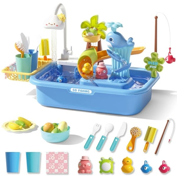 deAO Toys blue Pretend Play Kitchen Sink with Real Running Water -4-in-1 Water Play sink