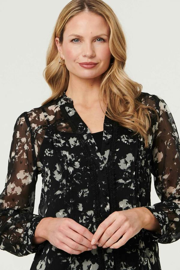 Black | Floral Semi Sheer Layer Lace Trim Blouse