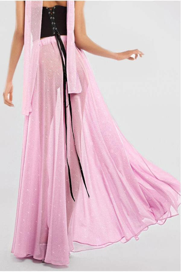 Gathered A-Line Glitter Chiffon Maxi Skirt SK30