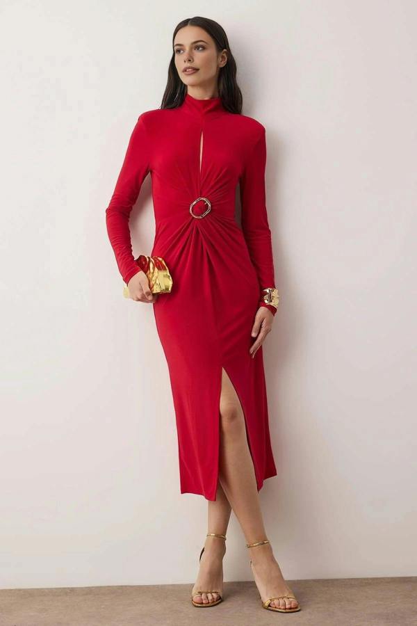 WOVCOR Knitted Midi Unlined Evening Dress with Cut Out Accessory Details