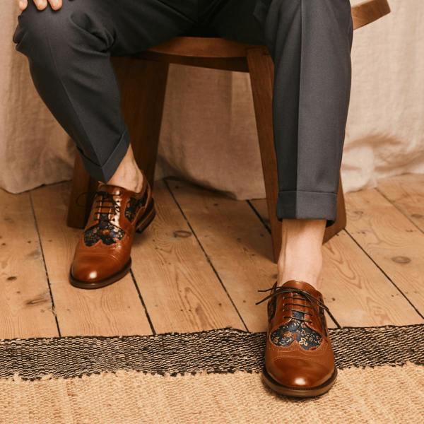 Embassy London Orlando - Tan & Blue Flowers - Men's leather dress shoe with floral print