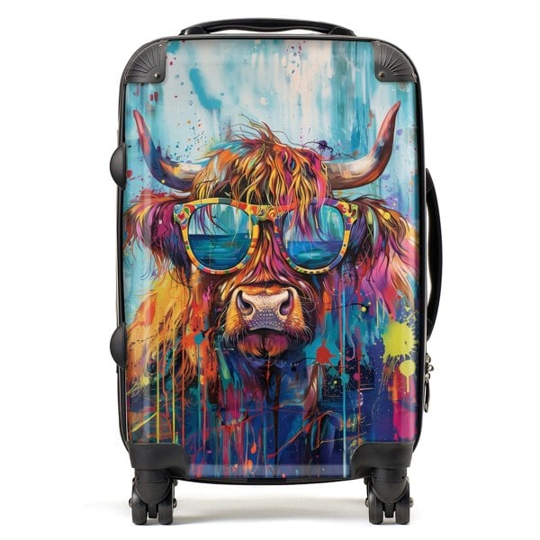 Warren Reed Splashart Highland Cow With Glasses Suitcase