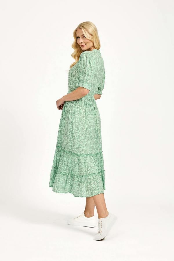 Mudflower Ditsy Print Button Up Ruffled Dress