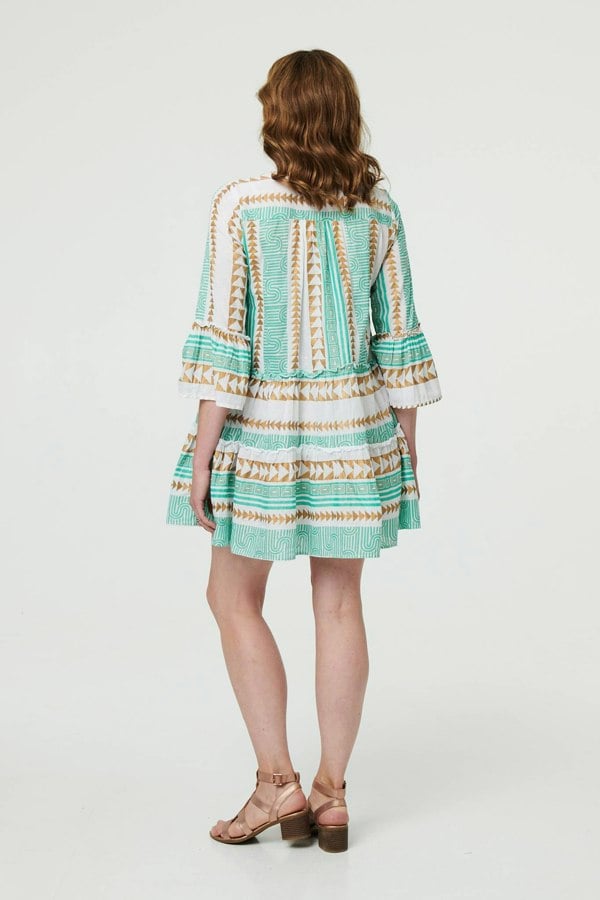 Light Green | Printed 3/4 Sleeve Tiered Mini Dress
