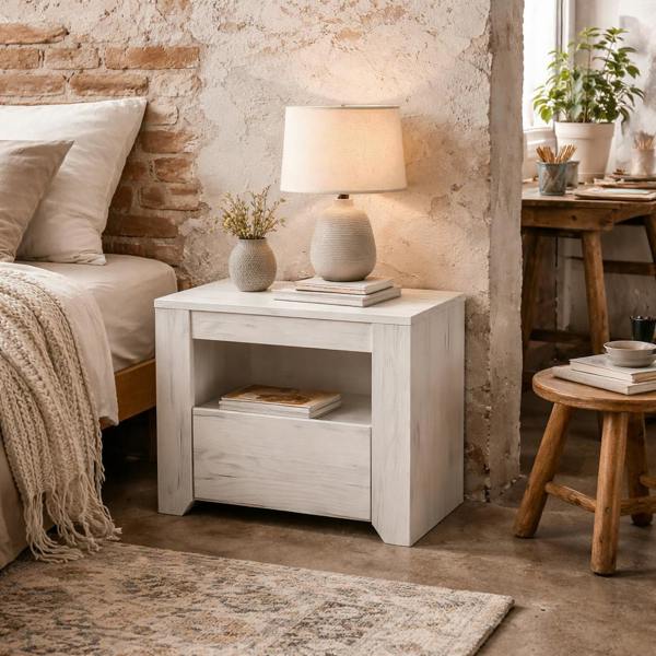 Wyld Haus Norwich Aged Effect Soft Grey Wood Veneer Bedside Cabinet 1 Drawer
