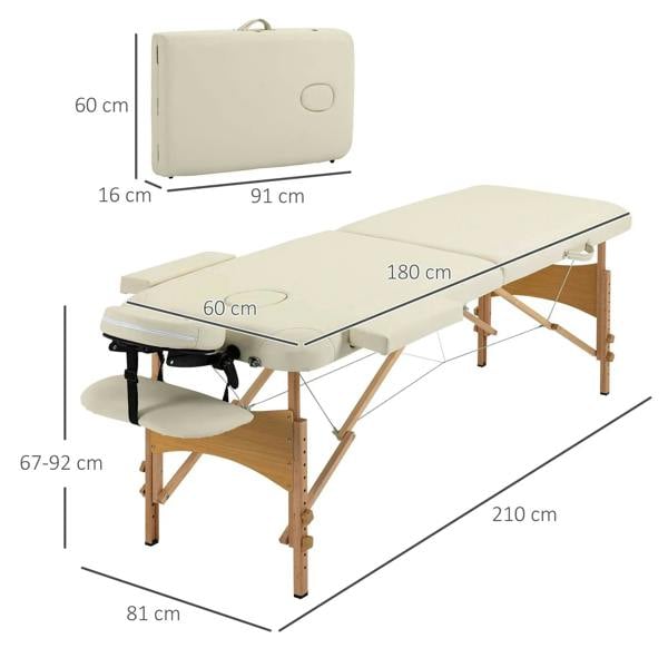 Cream folding massage table with carry bag, wooden frame, head and face sections