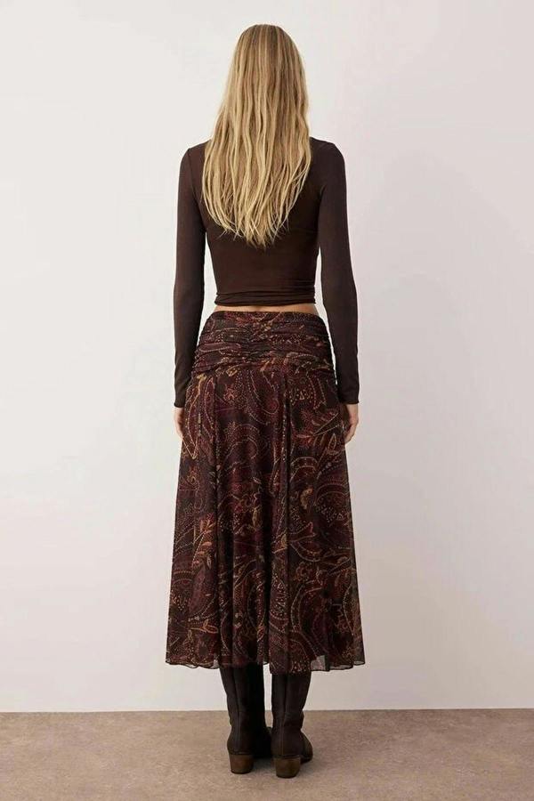 WOVCOR Maxi Boho Chic Printed Tulle Stretch Knit Skirt with Drape Detail