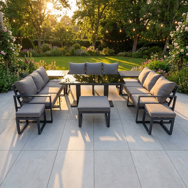 Fimous 12 Seater Garden Sofa Set Aluminium Furniture Rising Dining Tabe Set with 2 Side Tables 3 Footstools Dark Grey