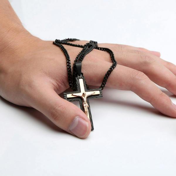 Large Rose Gold and Black Cross Pendant Necklace for Men - namana.london