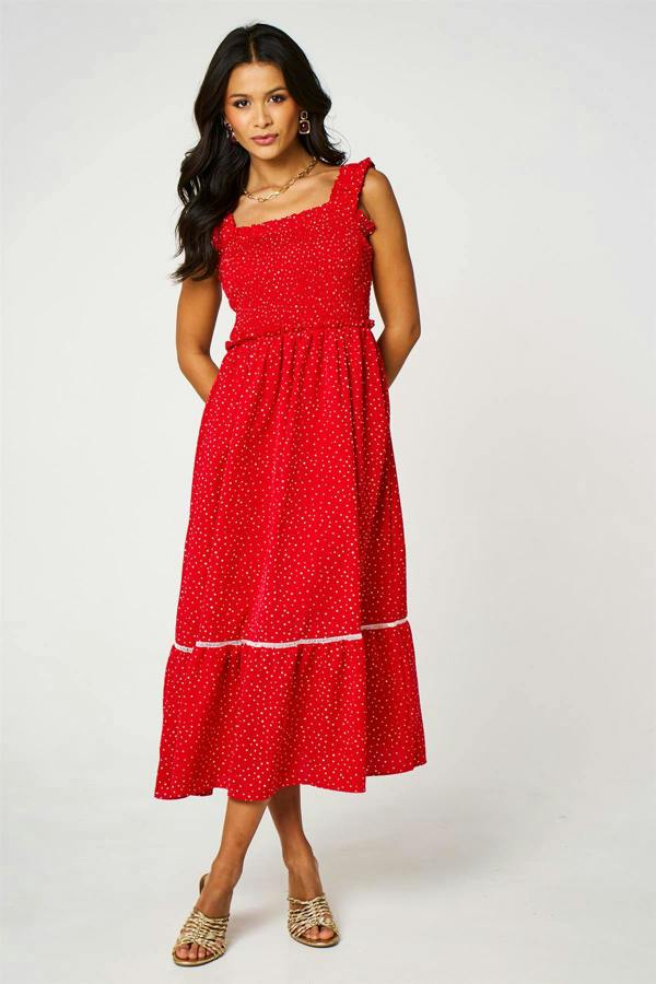 FS Collection Dot Print Hem Detail Maxi Dress In Red