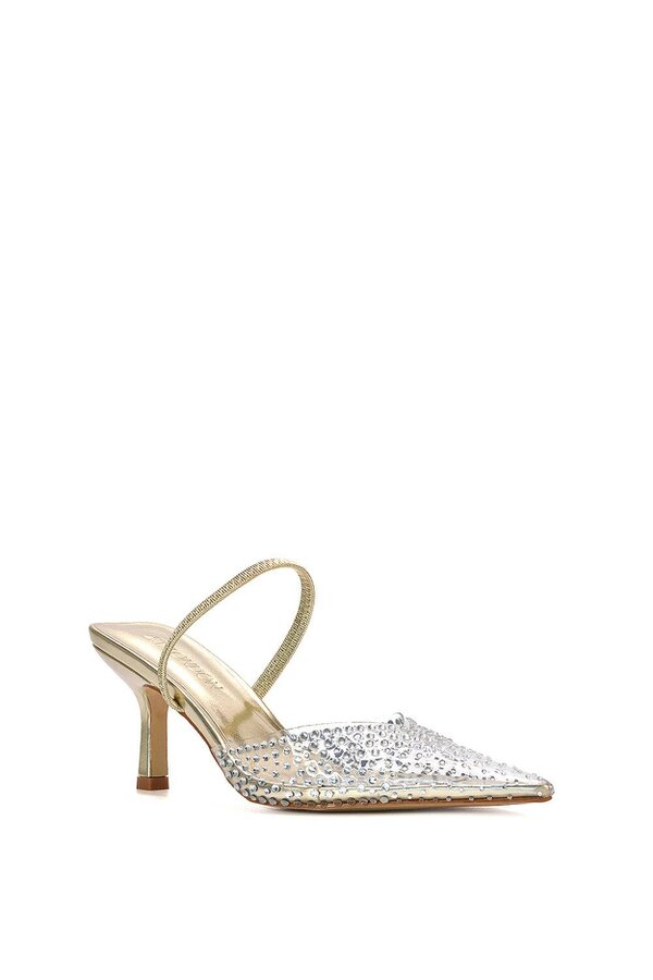 XY LONDON Clear Perspex Diamante Stiletto Heel Slingback Court Shoes