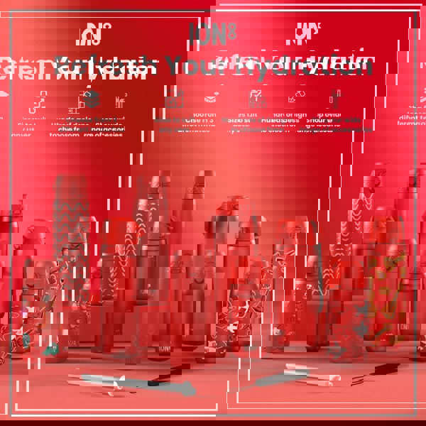 Several red water bottles, of varying sizes and designs, are displayed on a red surface. They are accompanied by accessories, such as straws. The text reads: "ION8 Refresh Your Hydration". "Choose from 3 different materials", "Sizes to suit any user", "Hundreds of designs to choose from", "Shop our wide range of accessories".