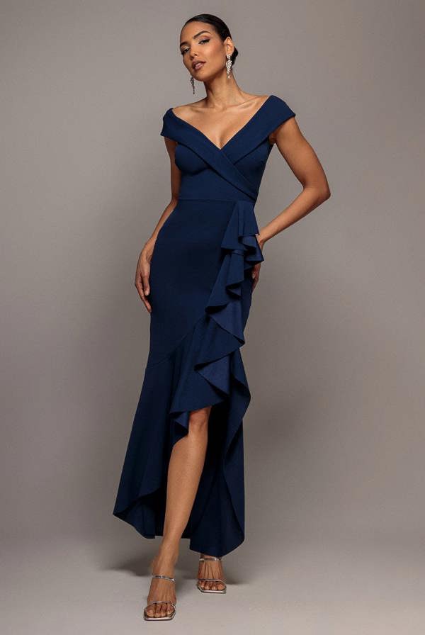 Off Shoulder Front Waterfall Frill Maxi Dress - Navy Blue DR4929BR