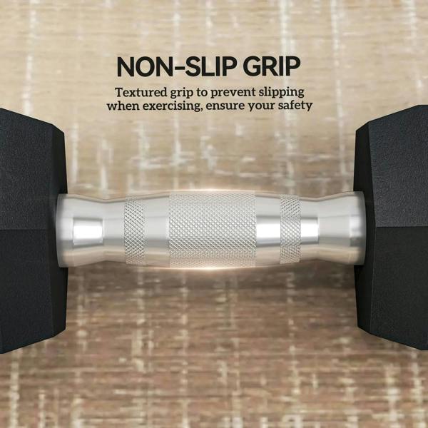 Black hex rubber dumbbells with textured non-slip knurled grip on chrome handle