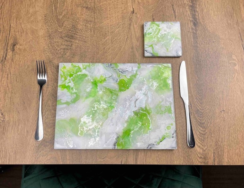 Kate Chesters Art Lime Green Dining Table Mats and Coasters - Heat Safe