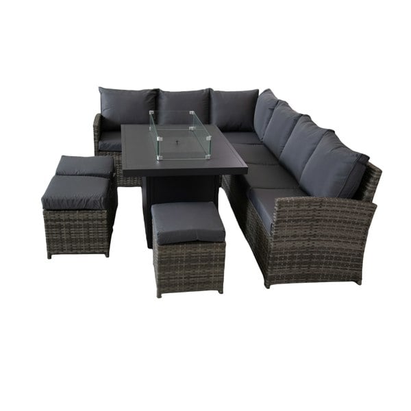 Furniture One 9 Seater Rattan Patio Dining Table Set with Table, Padded Corner Sofa, 3 Stool Outdoor Corner Sofa Set, All-Weather Patio Set