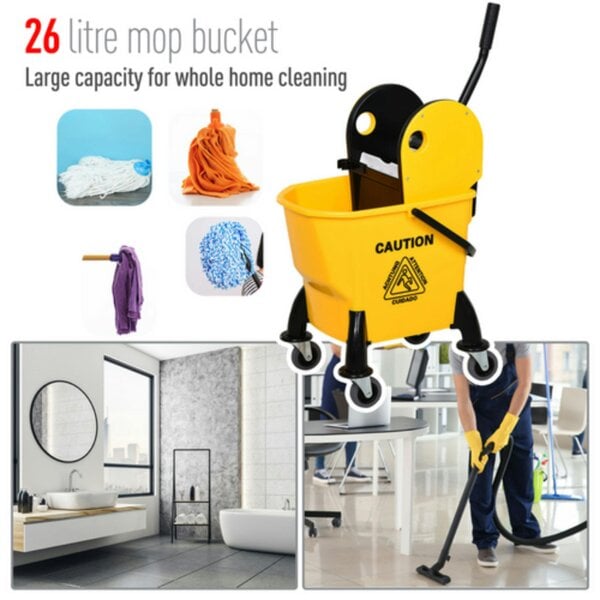 Dyzi 26L Mop Bucket with Wringer Handle and Castor Wheels Yellow