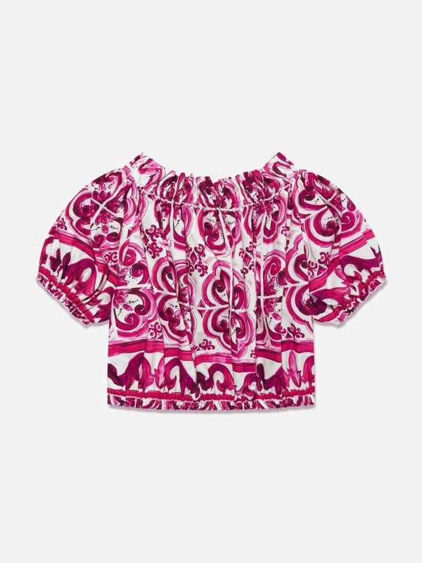 Dolce & Gabbana Kids Dolce & Gabbana Girls Majolica Cropped Blouse in Pink