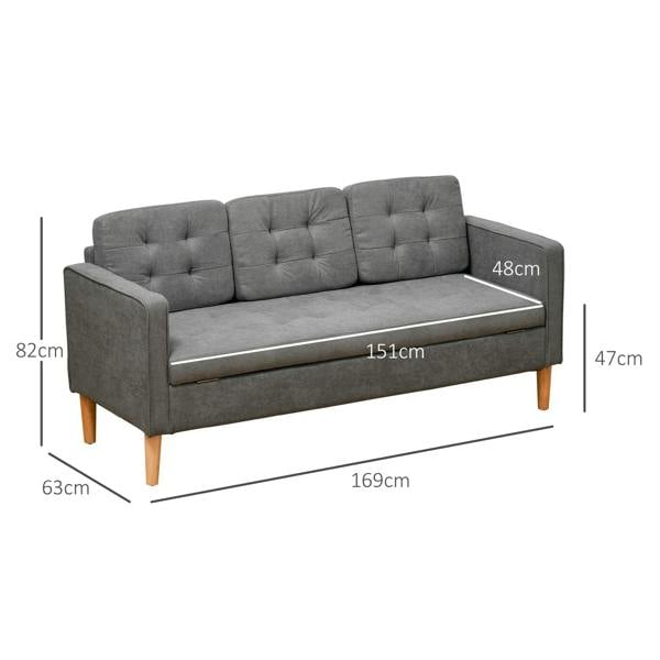 Grey button-tufted fabric 3-seater sofa with tufted back and wooden legs, with size labels