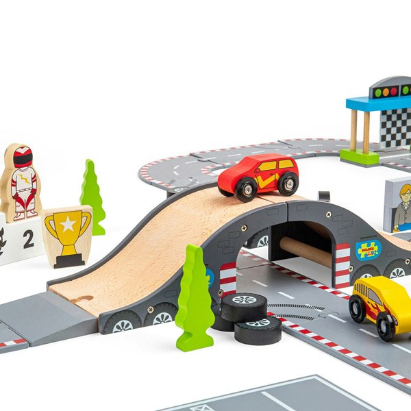 Bigjigs Toys Wooden Roadway Race Day Playset - 47 Pieces