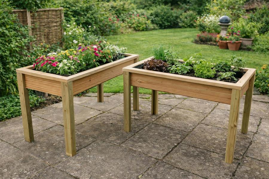 Wheelchair accessible raised planter growing flowers and vegetables side by side