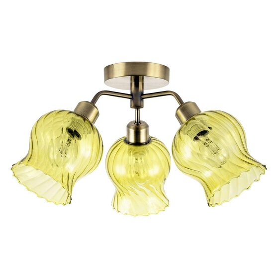 Happy Homewares Elegant Ceiling Light in Antique Brass with Green Tinted Glass Shades