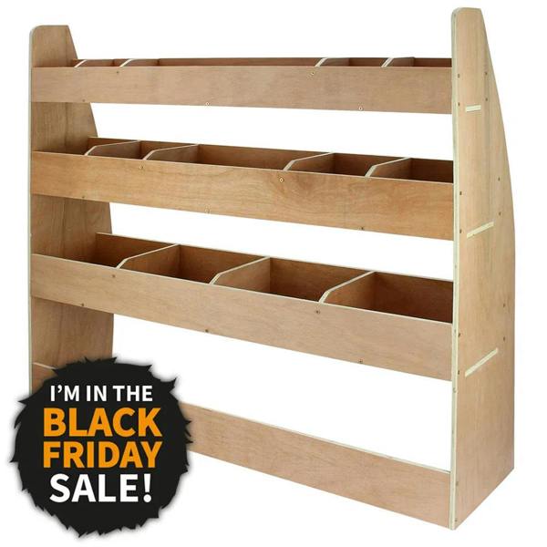 Wooden Monster Racking Caddy Transporter Van Rack with multiple open compartments, ideal for organizing tools and supplies, featuring a Black Friday sale banner